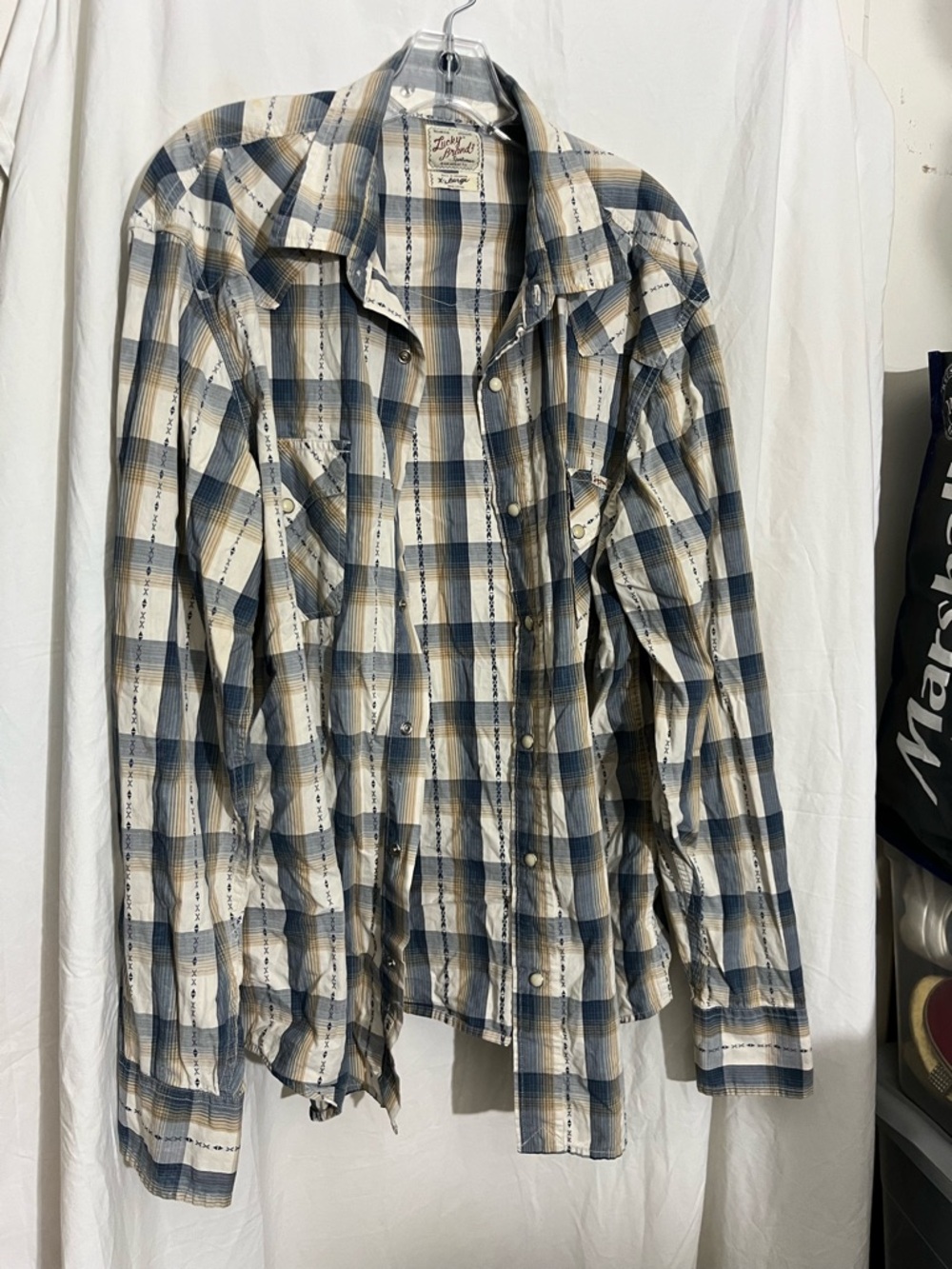 Lucky Brand Blue and Cream Plaid Snap-Front Button-Down Shirt